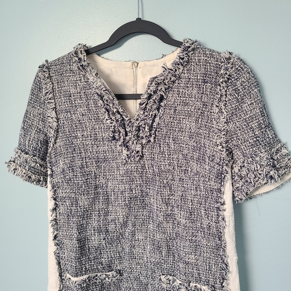 McGinn "Sandy" Chic Tweed Short Sleeve Fringe Neck Frayed Hem Panel Mini Dress 8 - Picture 3 of 8